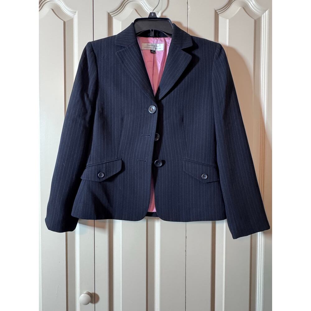 Tahari black and purple pinstripe with pink lining suit jacket size 4